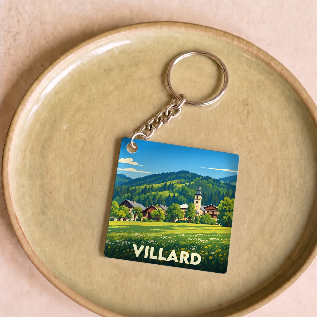 Porte-clés souvenir de la ville de Villard avec une illustration stylisée d'un village de montagne.