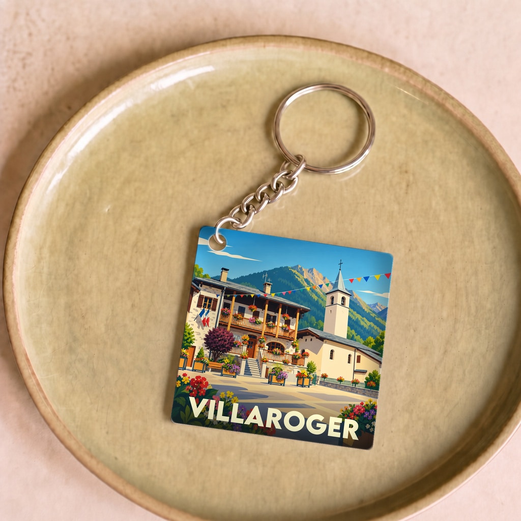 Porte-clés souvenir de la ville de Villaroger avec une illustration colorée d'un village de montagne.