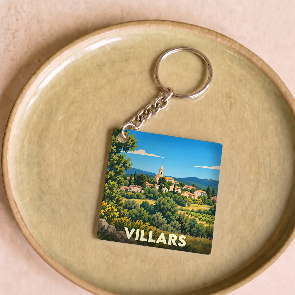 Porte-clés souvenir de la ville de Villars avec une illustration stylisée de son paysage provençal.