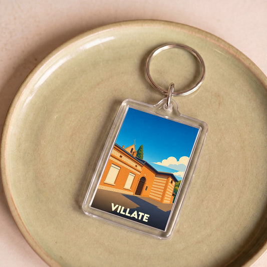 Porte-clés souvenir de la ville de Villate avec une illustration stylisée.