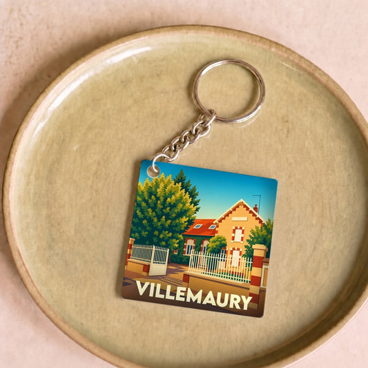 Porte-clés souvenir de la ville de Villemaury avec une illustration stylisée d'une maison ensoleillée.