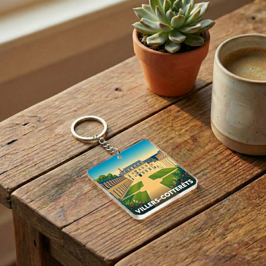 Porte-clés souvenir de la ville de Villers-Cotterêts avec une illustration stylisée de son château.