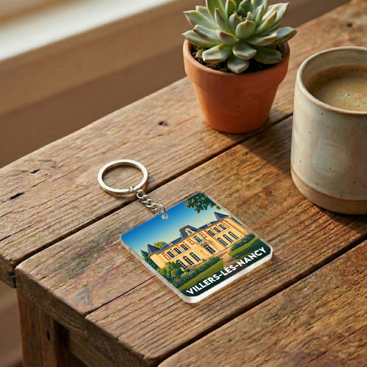 Porte-clés souvenir de la ville de Villers-lès-Nancy avec une illustration stylisée.