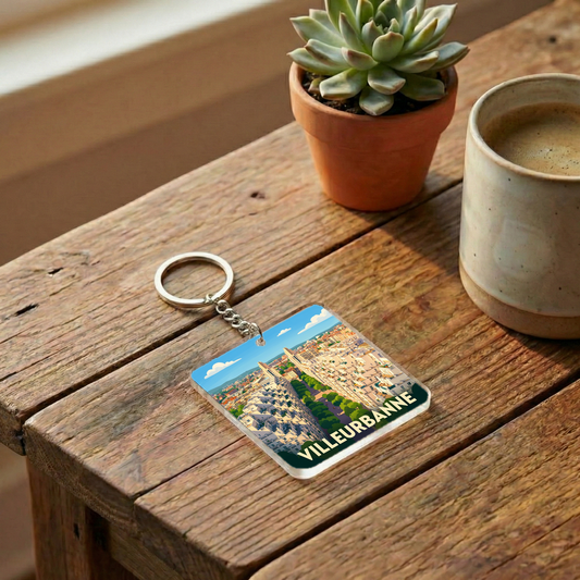 Porte-clés souvenir de la ville de Villeurbanne avec une illustration stylisée.