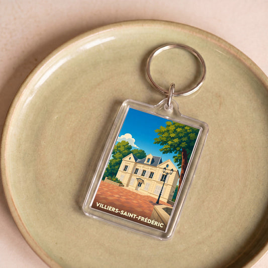 Porte-clés souvenir de la ville de Villiers-Saint-Frédéric avec une illustration stylisée de sa mairie.