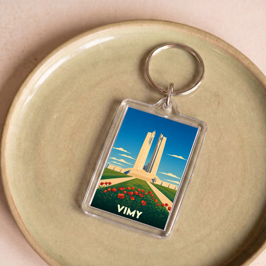 Porte-clés souvenir de Vimy avec une illustration stylisée du mémorial et de coquelicots.