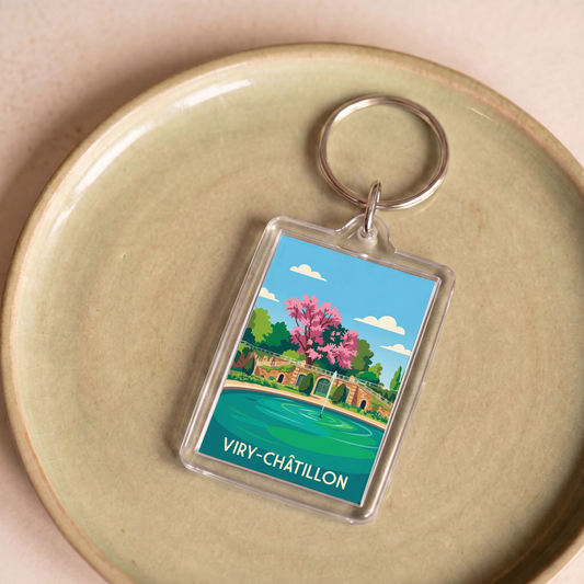 Porte-clés souvenir de la ville de Viry-Châtillon avec une illustration stylisée.