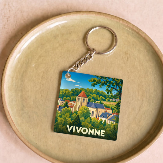Porte-clés souvenir de la ville de Vivonne avec une illustration stylisée.