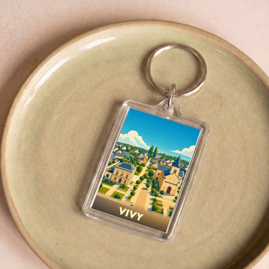 Porte-clés souvenir de la ville de Vivy avec une illustration stylisée.