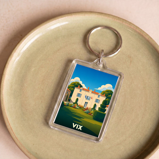Porte-clés souvenir de la ville de Vix avec une illustration stylisée de sa mairie.