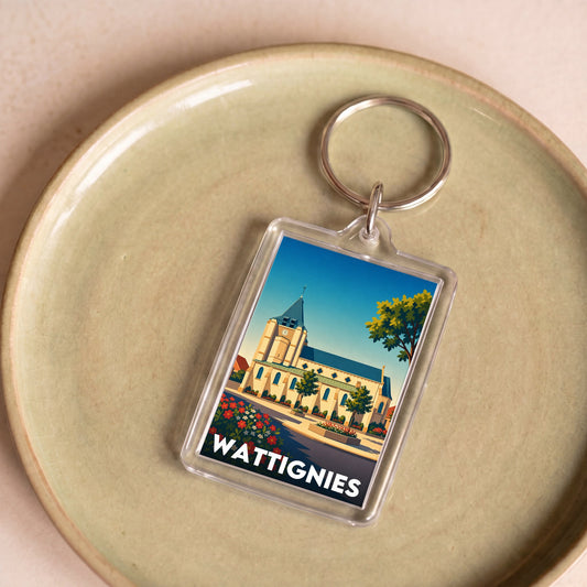 Porte-clés souvenir de la ville de Wattignies avec une illustration stylisée de son église.