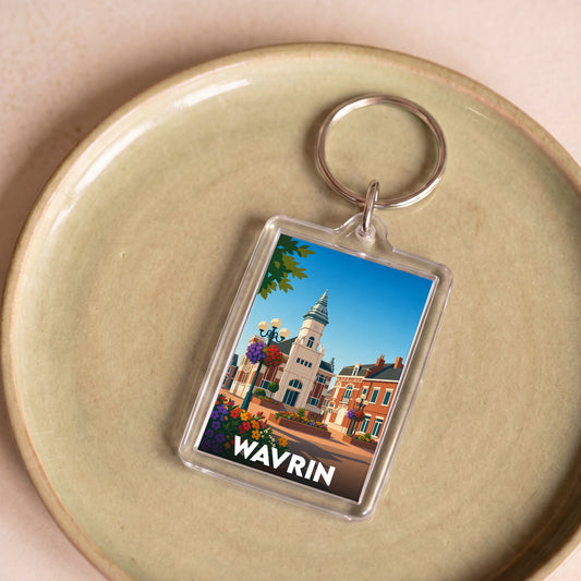 Porte-clés souvenir de la ville de Wavrin avec une illustration stylisée de son architecture.