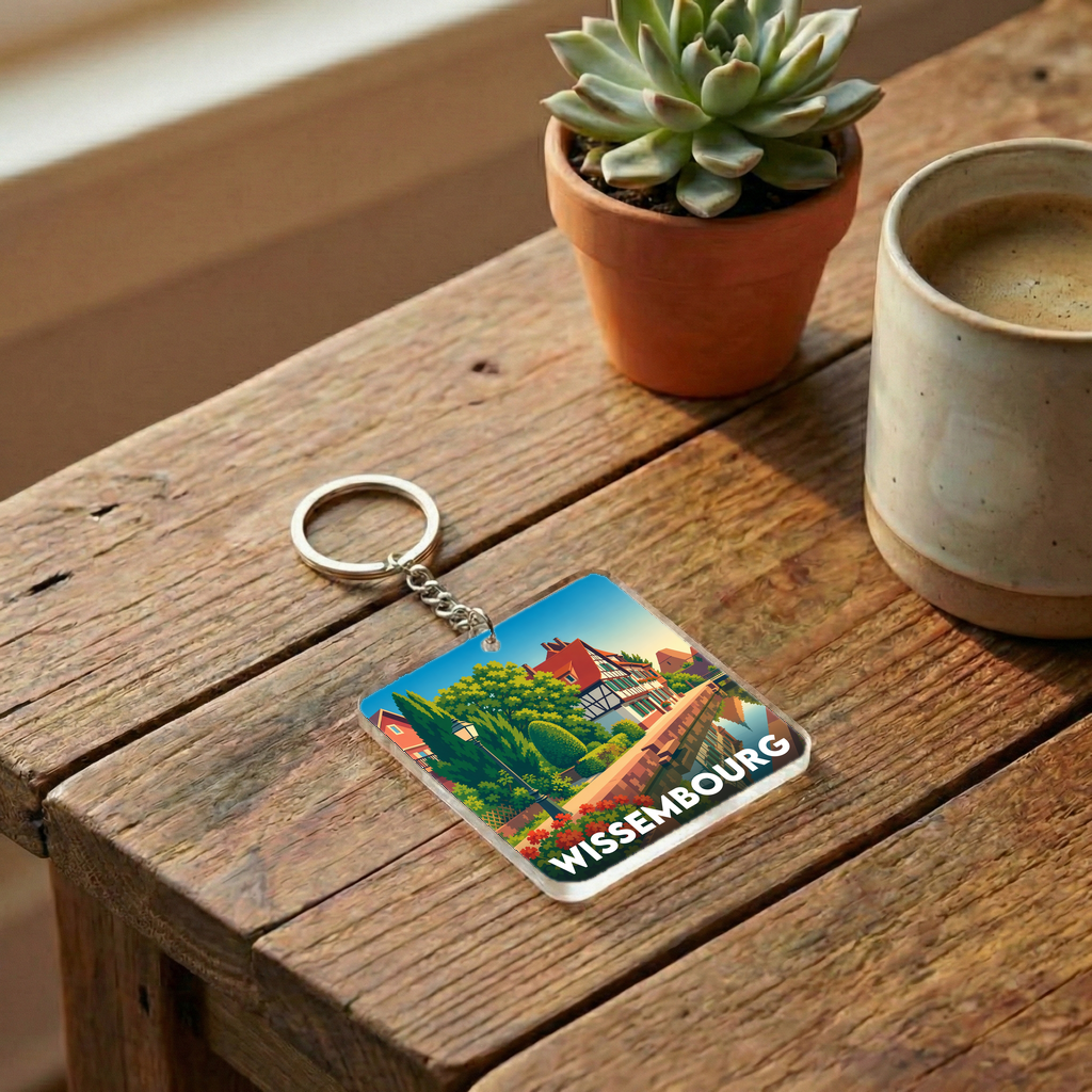 Porte-clés souvenir de la ville de Wissembourg avec une illustration stylisée.