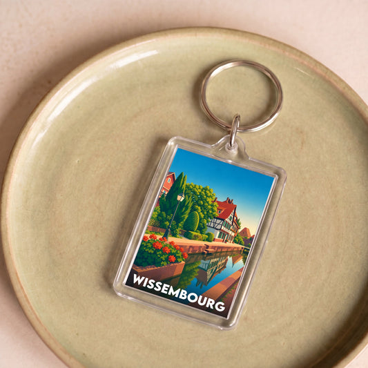 Porte-clés souvenir de la ville de Wissembourg avec une illustration stylisée.