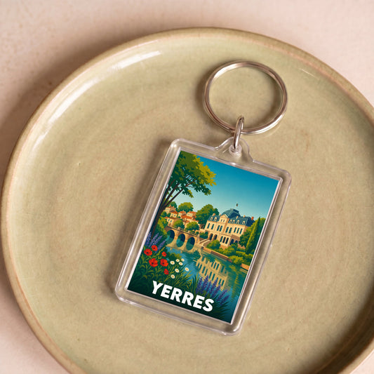Porte-clés souvenir de la ville de Yerres avec une illustration stylisée.