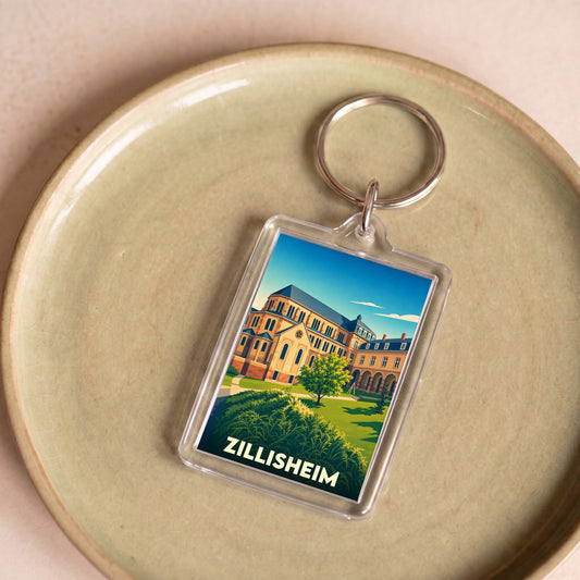 Porte-clés souvenir de la ville de Zillisheim avec une illustration stylisée.