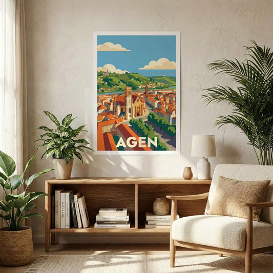 Poster souvenir de la ville d'Agen avec une illustration stylisée et colorée.