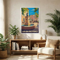 Poster souvenir de la ville d'Aix-en-Provence avec une illustration stylisée d'une fontaine ensoleillée.