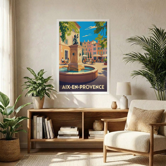 Poster souvenir de la ville d'Aix-en-Provence avec une illustration stylisée d'une fontaine ensoleillée.