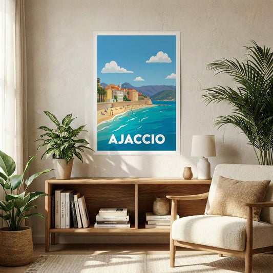 Poster de la ville d'Ajaccio avec une illustration stylisée et colorée de son bord de mer.