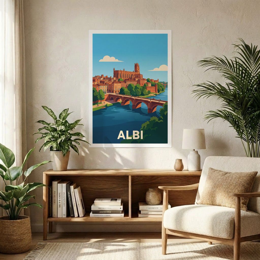 Affiche souvenir de la ville d'Albi avec une illustration stylisée du Pont Vieux et de la cathédrale.