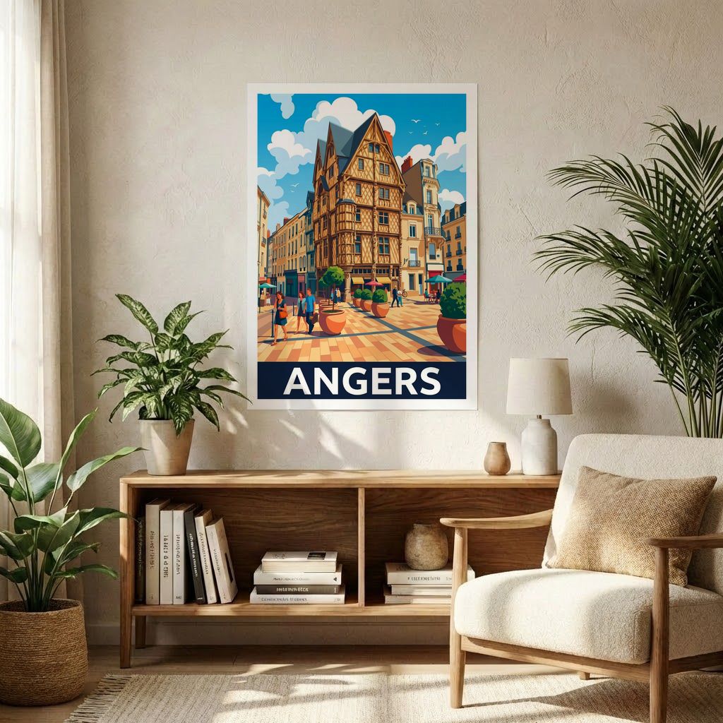 Affiche souvenir de la ville d'Angers avec une illustration stylisée de ses bâtiments historiques.