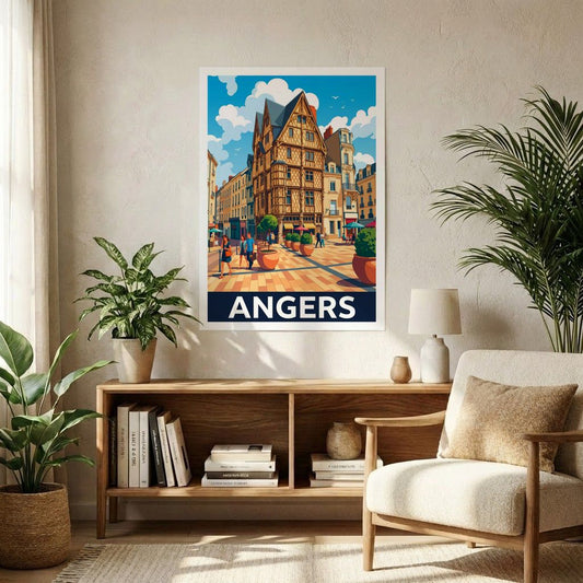 Affiche souvenir de la ville d'Angers avec une illustration stylisée de ses bâtiments historiques.