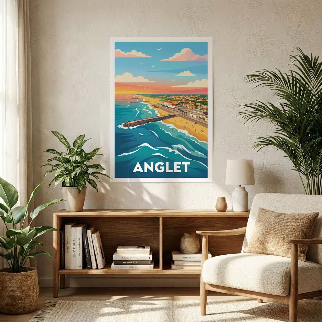 Poster souvenir de la ville d'Anglet avec une illustration stylisée de son littoral au coucher du soleil.