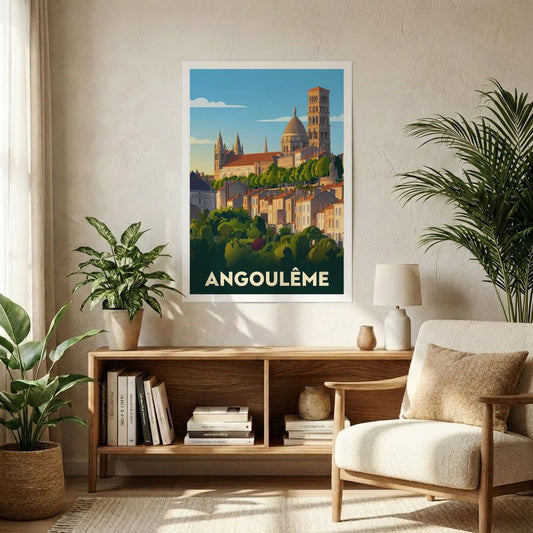 Poster souvenir de la ville d’Angoulême avec une illustration stylisée de son paysage urbain et de sa cathédrale.
