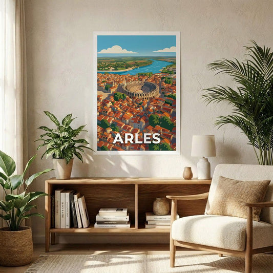 Affiche souvenir de la ville d'Arles avec une illustration stylisée de ses arènes romaines et de son paysage urbain.
