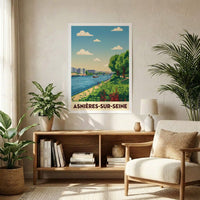 Poster souvenir de la ville d'Asnières-sur-Seine avec une illustration stylisée des bords de Seine.