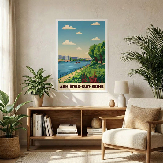 Poster souvenir de la ville d'Asnières-sur-Seine avec une illustration stylisée des bords de Seine.