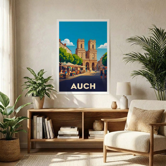 Affiche souvenir de la ville de Auch avec une illustration stylisée de sa cathédrale et de terrasses ensoleillées.