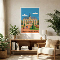 Poster souvenir de la ville d'Aulnay-sous-Bois avec une illustration stylisée de son hôtel de ville.