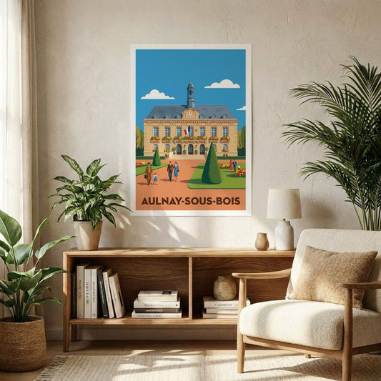 Poster souvenir de la ville d'Aulnay-sous-Bois avec une illustration stylisée de son hôtel de ville.