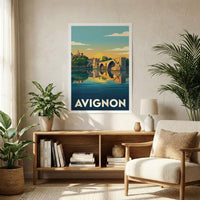 Poster souvenir de la ville d'Avignon avec une illustration stylisée du célèbre pont au coucher du soleil.