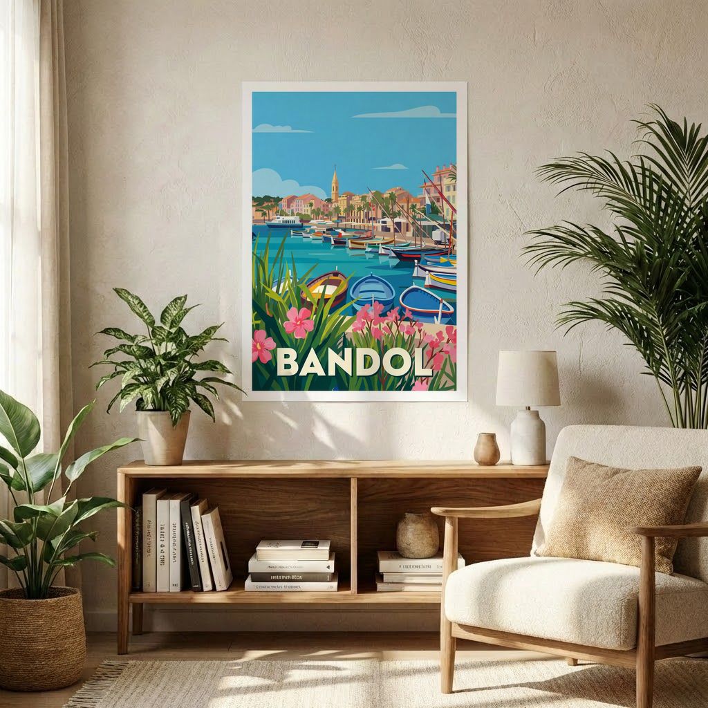 Affiche souvenir de la ville de Bandol avec une illustration stylisée et colorée de son port.