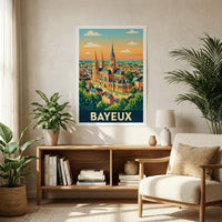 Poster souvenir de la ville de Bayeux avec une illustration stylisée de sa cathédrale.