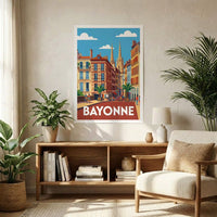 Affiche souvenir de la ville de Bayonne avec une illustration stylisée de ses rues colorées et de sa cathédrale.