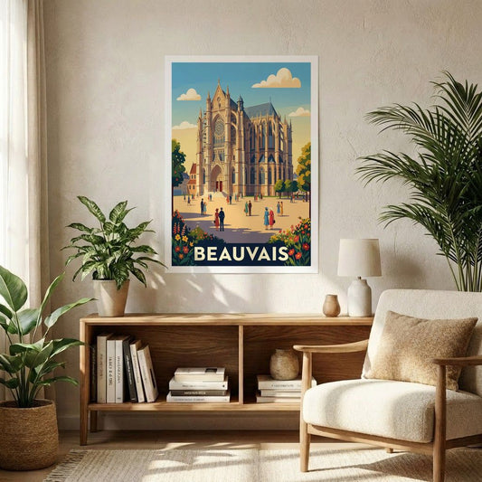 Poster souvenir de la ville de Beauvais avec une illustration stylisée de sa cathédrale.