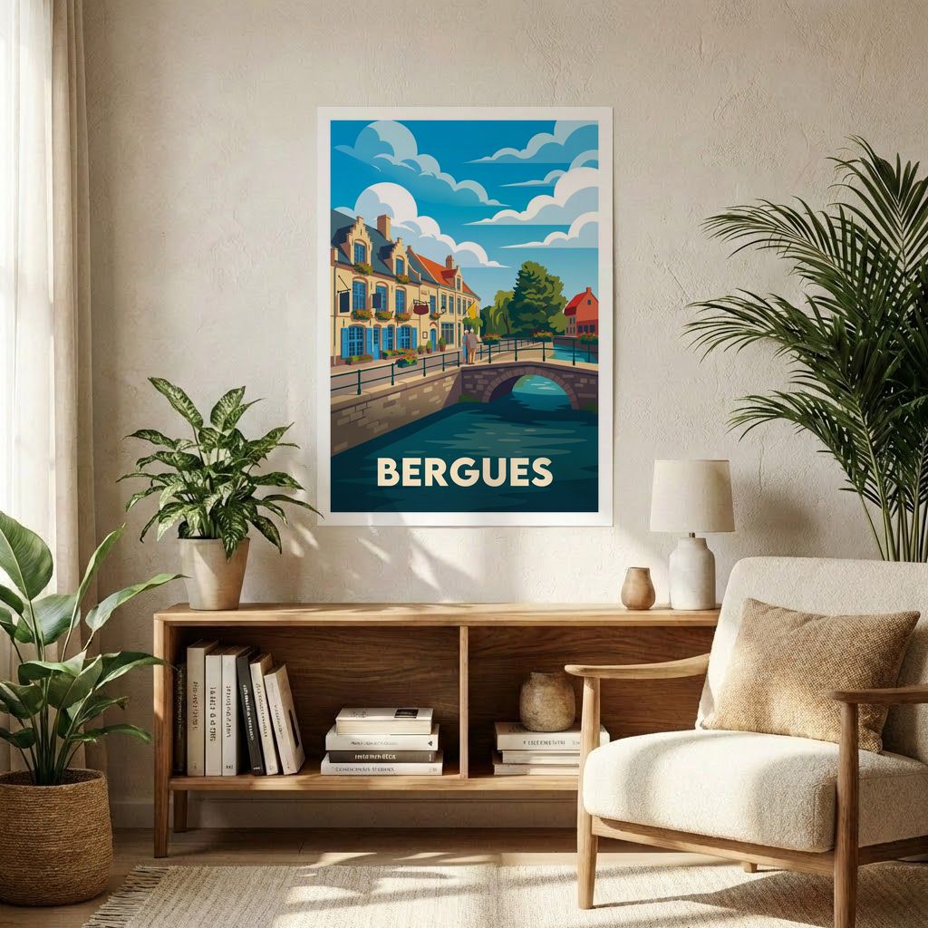 Poster souvenir de la ville de Bergues avec une illustration stylisée d'un canal bordé de maisons typiques.