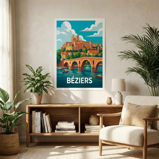 Poster souvenir de la ville de Béziers avec une illustration stylisée de son célèbre pont et de sa cathédrale.