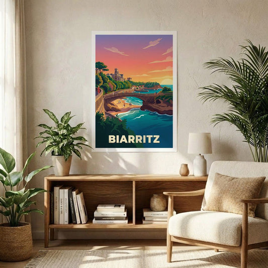 Poster souvenir de la ville de Biarritz avec une illustration stylisée de son littoral.