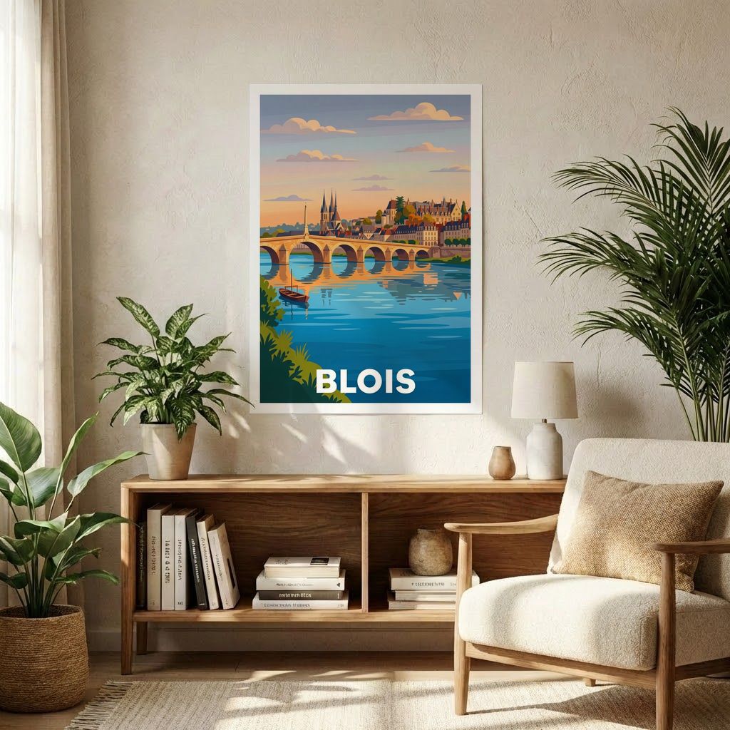 Poster souvenir de la ville de Blois avec une illustration stylisée du pont et de son centre historique.