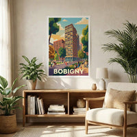 Poster souvenir de la ville de Bobigny avec une illustration urbaine colorée et stylisée.