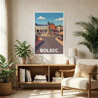Affiche souvenir de la ville de Bolbec avec une illustration stylisée de son centre-ville historique.