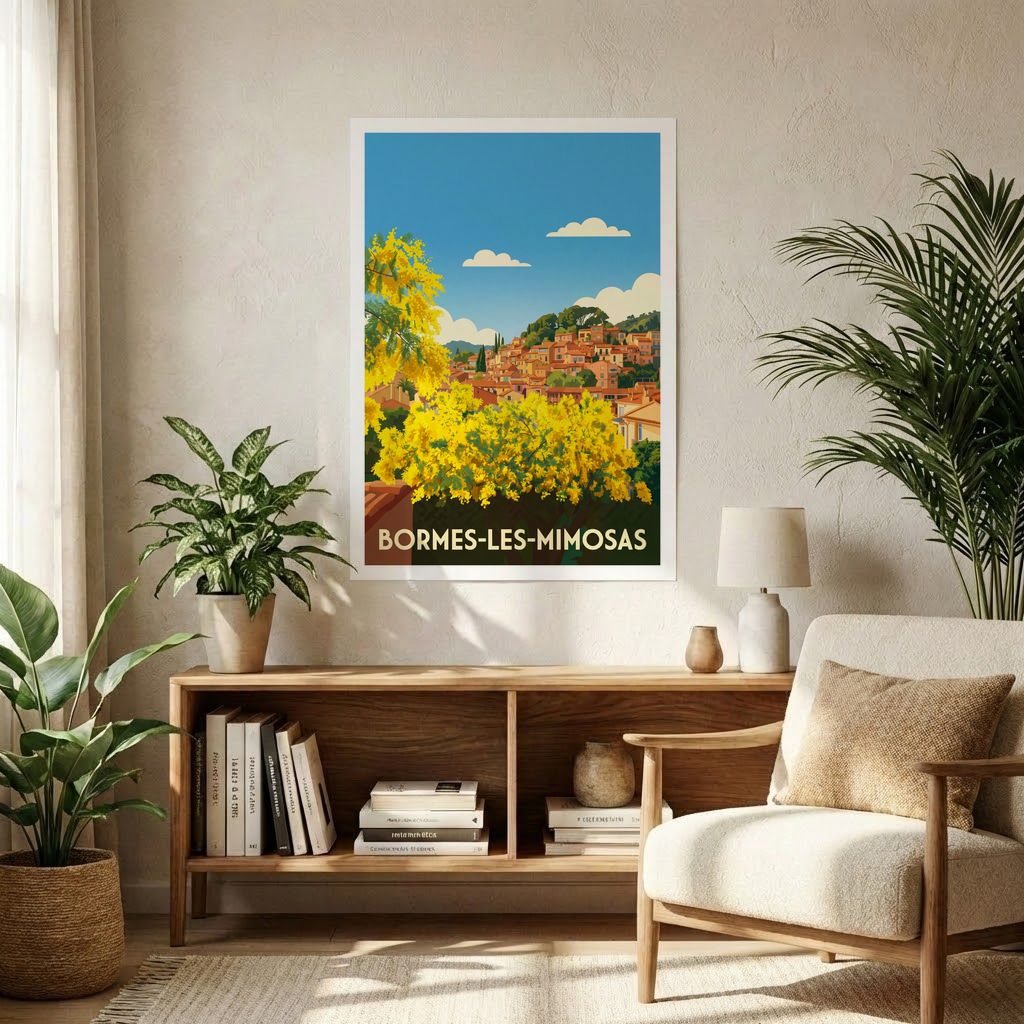 Poster souvenir de la ville de Bormes-les-Mimosas avec une illustration stylisée du village et de mimosas en fleurs.