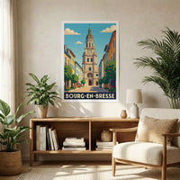 Poster souvenir de la ville de Bourg-en-Bresse avec une illustration stylisée d'une rue menant à son clocher central.