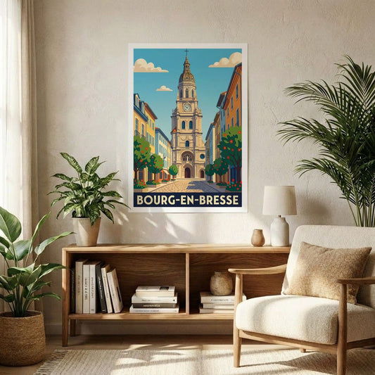 Poster souvenir de la ville de Bourg-en-Bresse avec une illustration stylisée d'une rue menant à son clocher central.