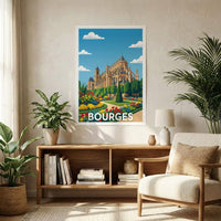Poster souvenir de la ville de Bourges avec une illustration stylisée de sa cathédrale et de ses jardins.